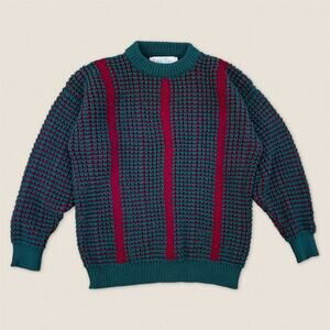 Vintage Irish Wool Sweater Green Burgundy Quills Woolen Market Size Large Men’s